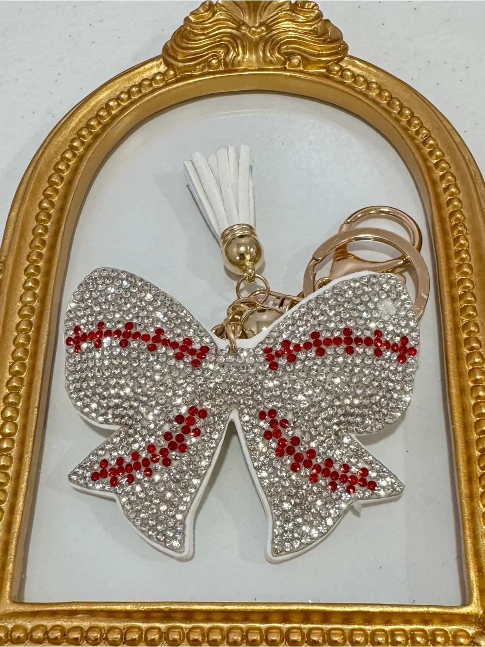 New Crystal Baseball Bow Keychain with Red Accent and White Tassel